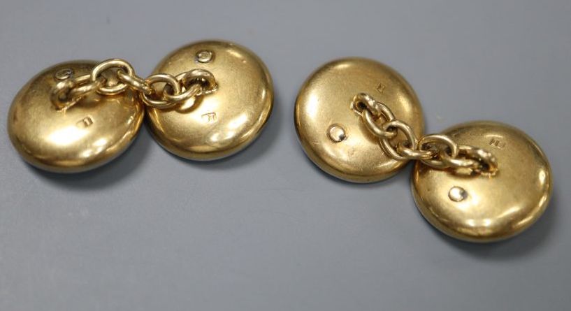 A pair of early to mid 20th century yellow metal (stamped 18), mother of pearl, seed pearl and diamond set cufflinks,